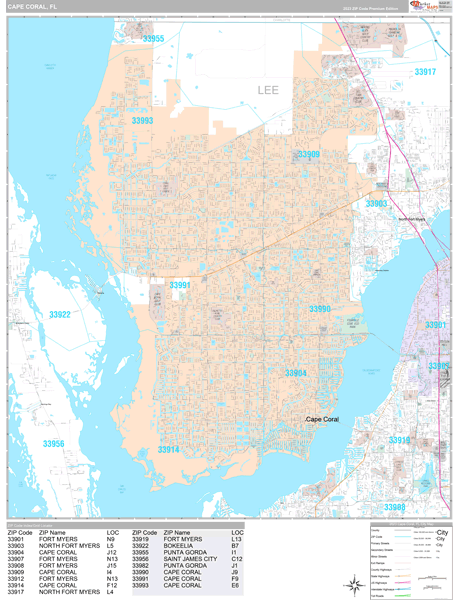 Cape Coral City Wall Map Premium Style